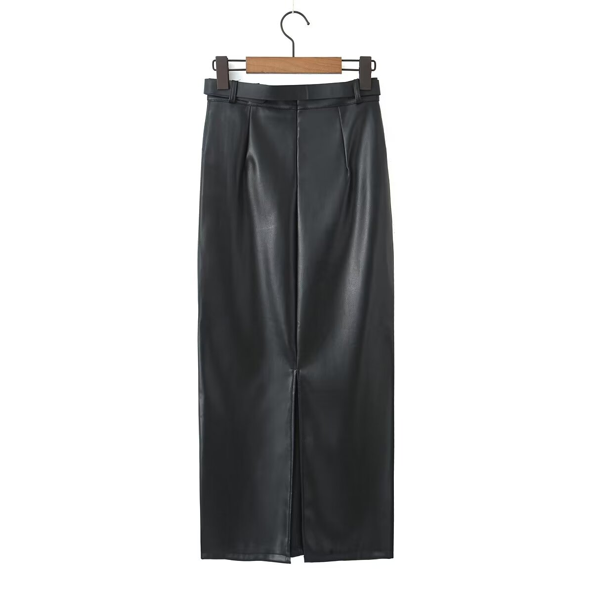 Autumn Winter High Waist Skirt Glossy Sexy All Matching High Grade Split Fleece Lined Faux Leather Skirt Straight