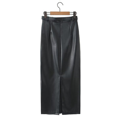 Autumn Winter High Waist Skirt Glossy Sexy All Matching High Grade Split Fleece Lined Faux Leather Skirt Straight