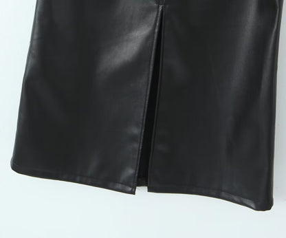 Autumn Winter High Waist Skirt Glossy Sexy All Matching High Grade Split Fleece Lined Faux Leather Skirt Straight