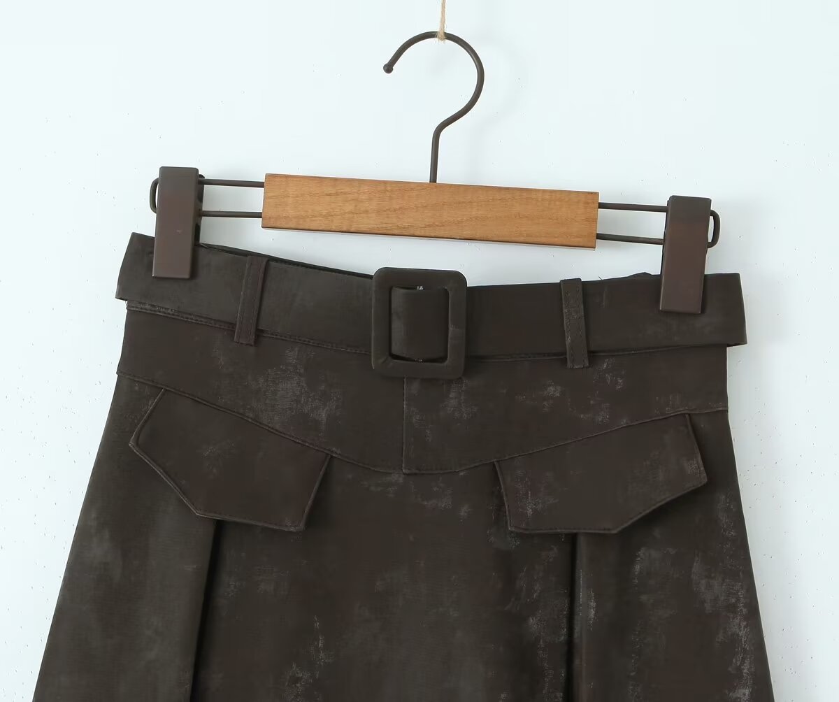 Autumn Winter Retro Modern A Line Umbrella Skirt Long Faux Leather Skirt Skirt With Belt High Waisted Skirt