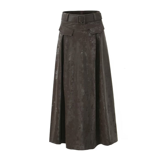 Autumn Winter Retro Modern A Line Umbrella Skirt Long Faux Leather Skirt Skirt With Belt High Waisted Skirt