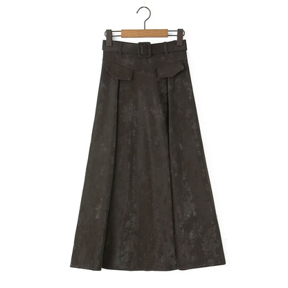 Autumn Winter Retro Modern A Line Umbrella Skirt Long Faux Leather Skirt Skirt With Belt High Waisted Skirt