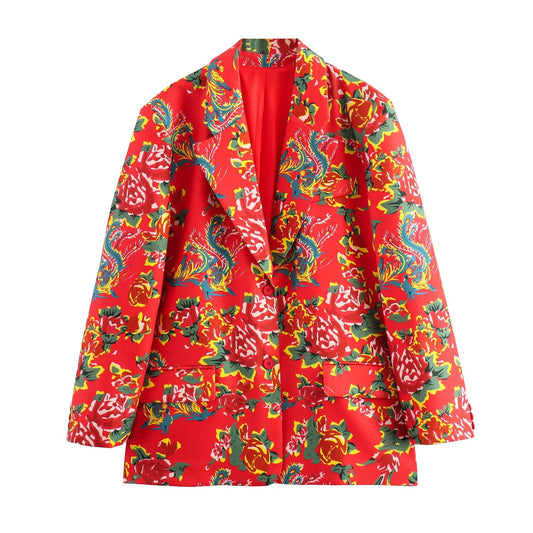 Autumn Women Clothing Northeast Big Floral Loose Blazer Suit