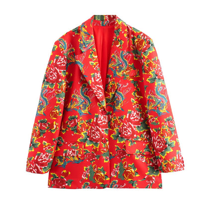 Autumn Women Clothing Northeast Big Floral Loose Blazer Suit