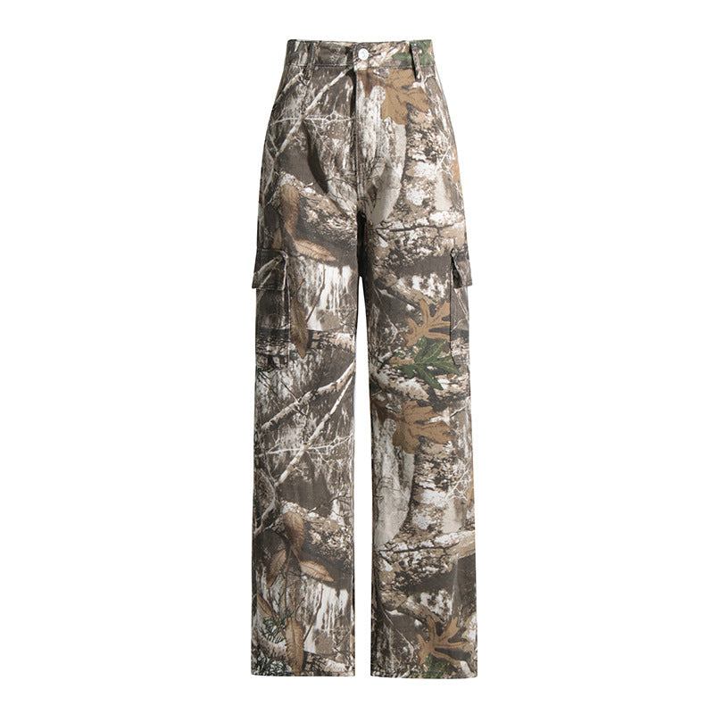 Pantalon de Camouflage imprimé brodé, taille haute, couture, fermeture éclair, Baggy décontracté, pantalon droit pour femmes, printemps