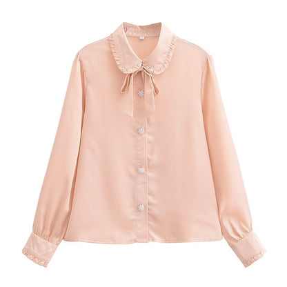 Autumn Casual Women Ruffles Collared Long Sleeve Jewelry Fastener Decoration Solid Color Blouse Top