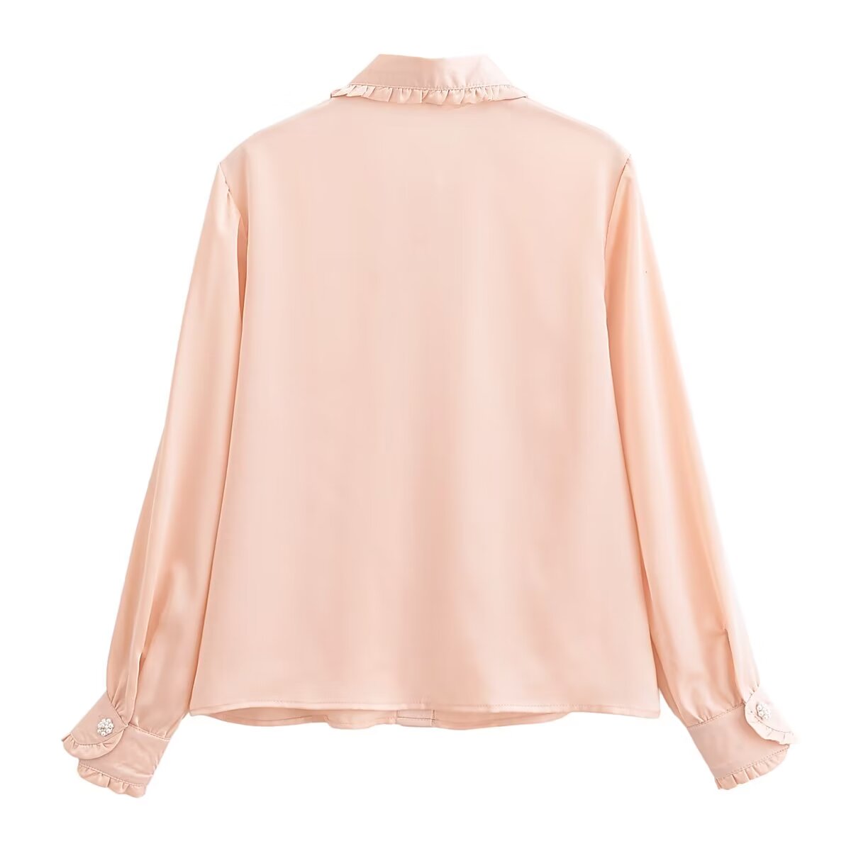 Autumn Casual Women Ruffles Collared Long Sleeve Jewelry Fastener Decoration Solid Color Blouse Top