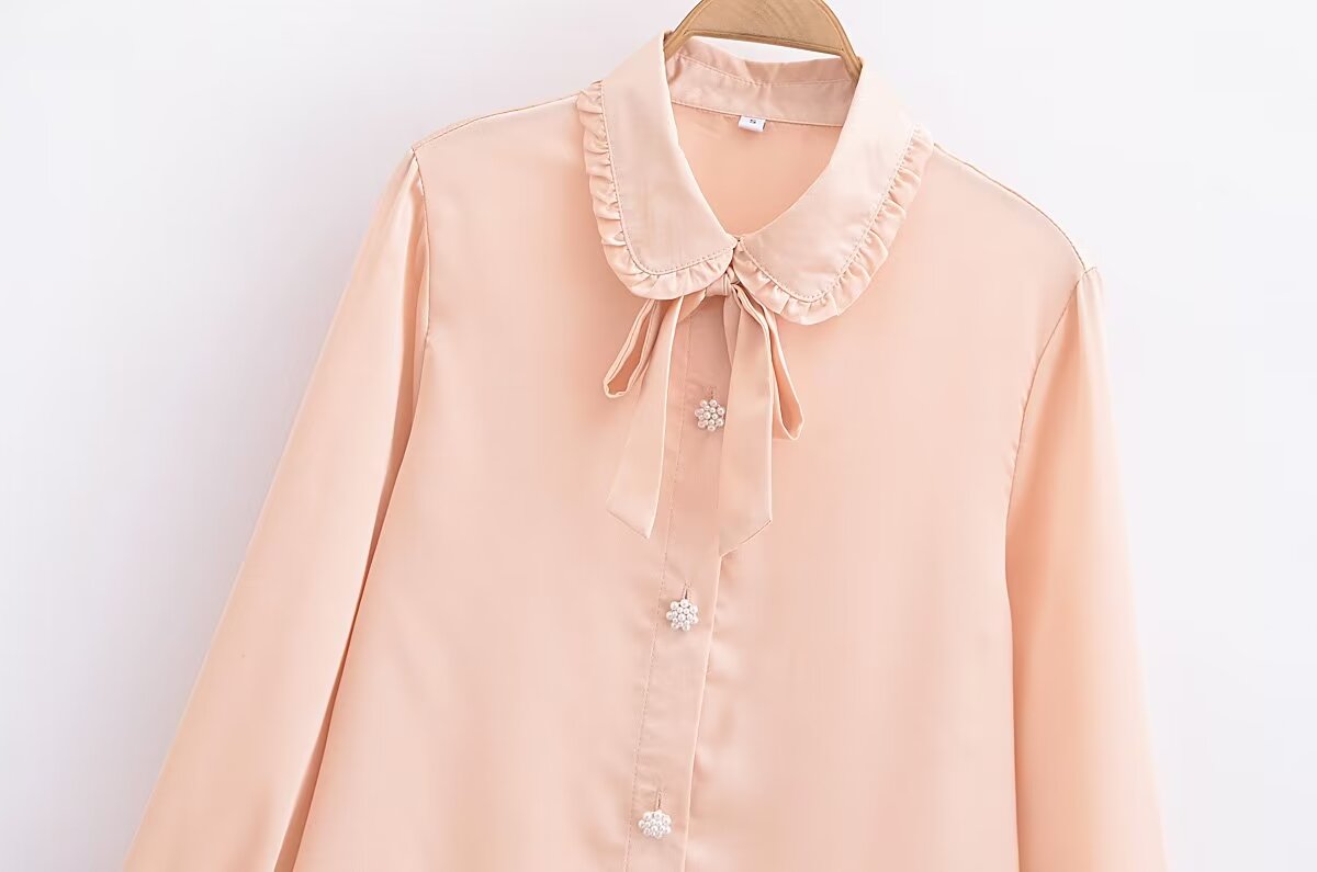 Autumn Casual Women Ruffles Collared Long Sleeve Jewelry Fastener Decoration Solid Color Blouse Top