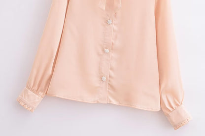 Autumn Casual Women Ruffles Collared Long Sleeve Jewelry Fastener Decoration Solid Color Blouse Top