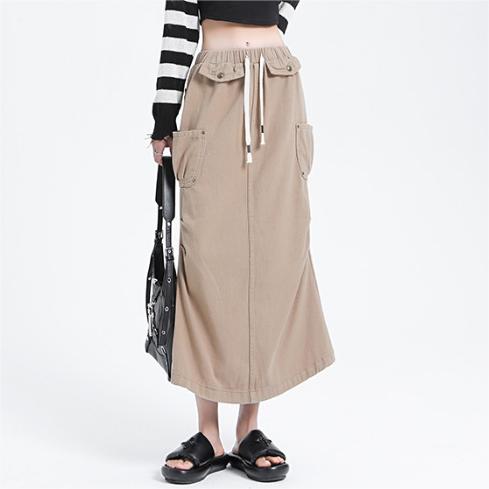 Brown Denim Cargo Pants Skirt Women Early Autumn High Waist Characteristic Pocket Slit Midi Skirt