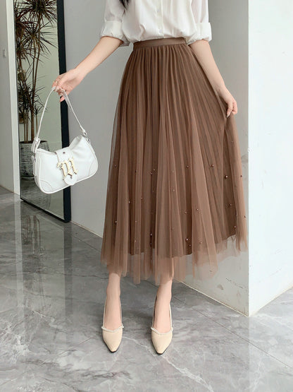 Beaded Mesh Skirt Autumn Women High Waist Slimming Two Sided Pleated Skirt Grazy Dress With Big Hemline