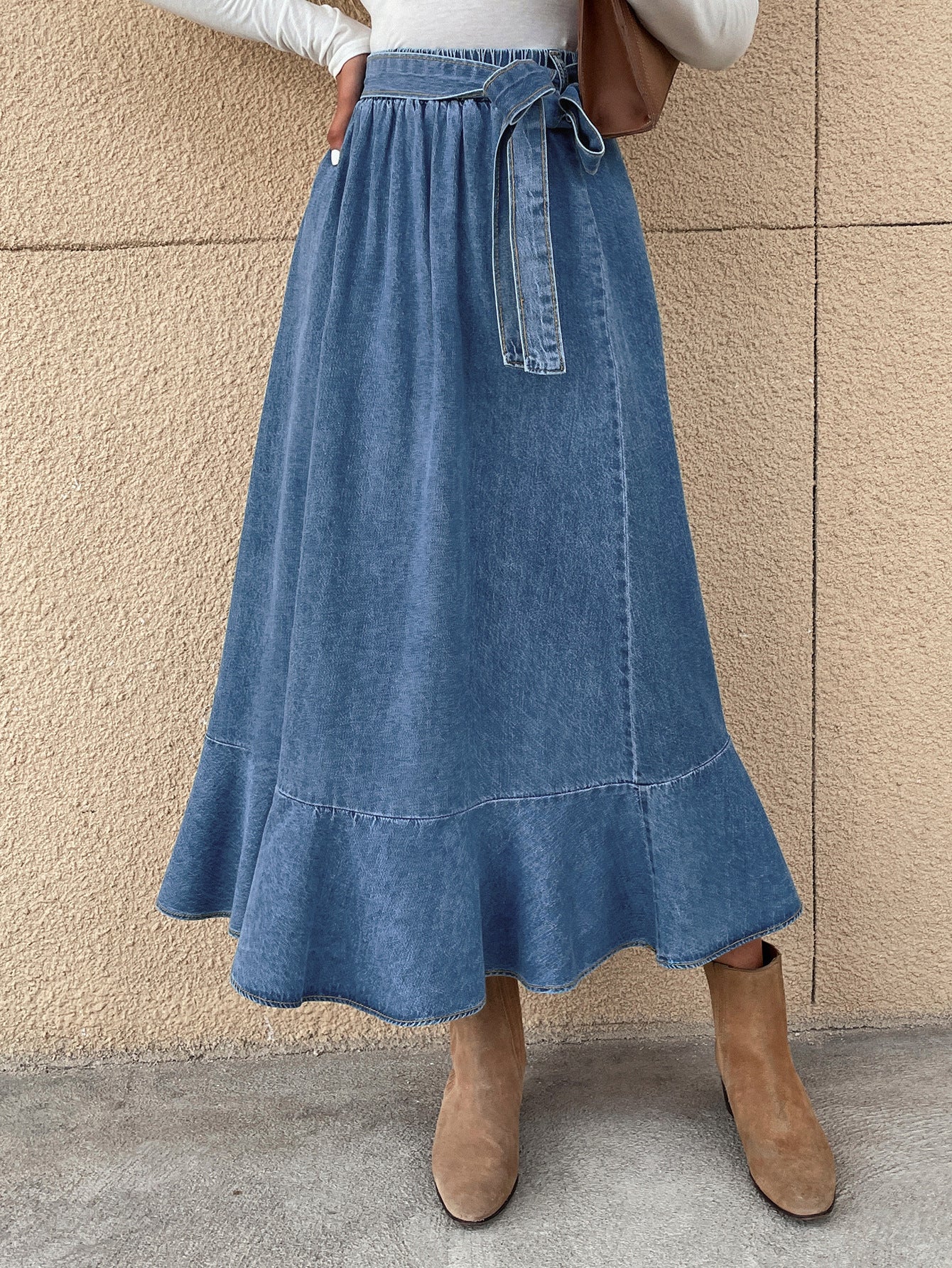 Casual Denim Skirt Women High Waist Mid Length Hip Lotus Leaf Pleated Skirt