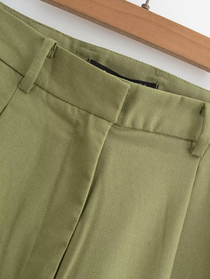 Women Clothing Casual High Waist Linen Blended Basic Double Pleated Straight Shorts