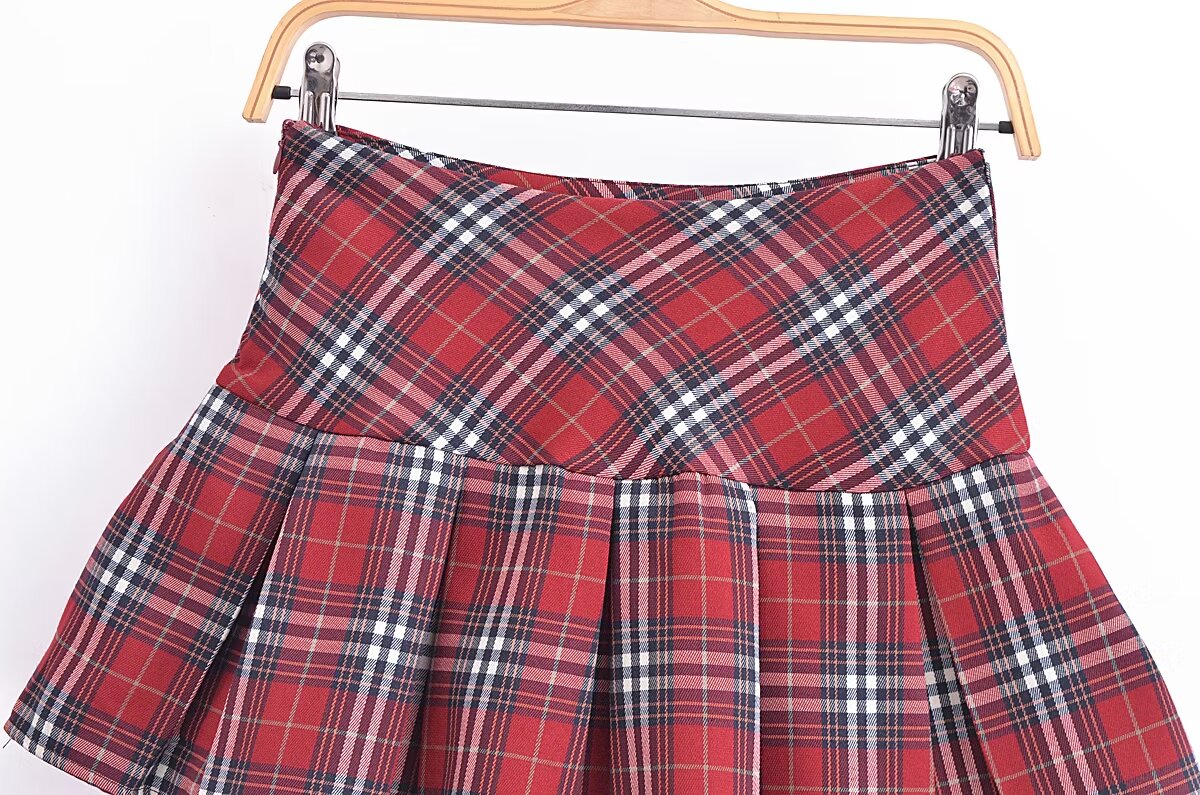 Women Clothing French Plaid Design Pleated High Waist Sexy Short Skirt