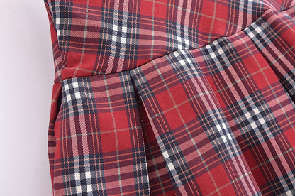 Women Clothing French Plaid Design Pleated High Waist Sexy Short Skirt