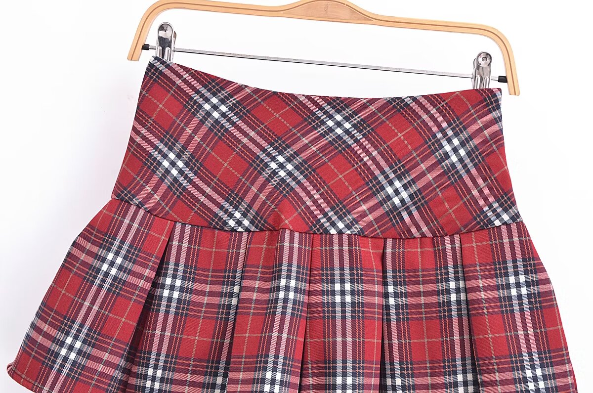 Women Clothing French Plaid Design Pleated High Waist Sexy Short Skirt