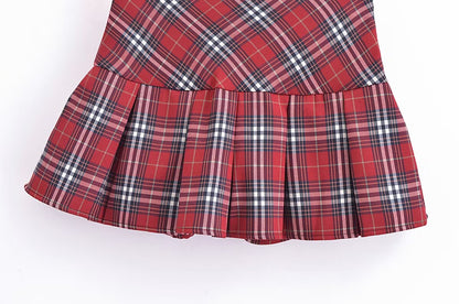 Women Clothing French Plaid Design Pleated High Waist Sexy Short Skirt