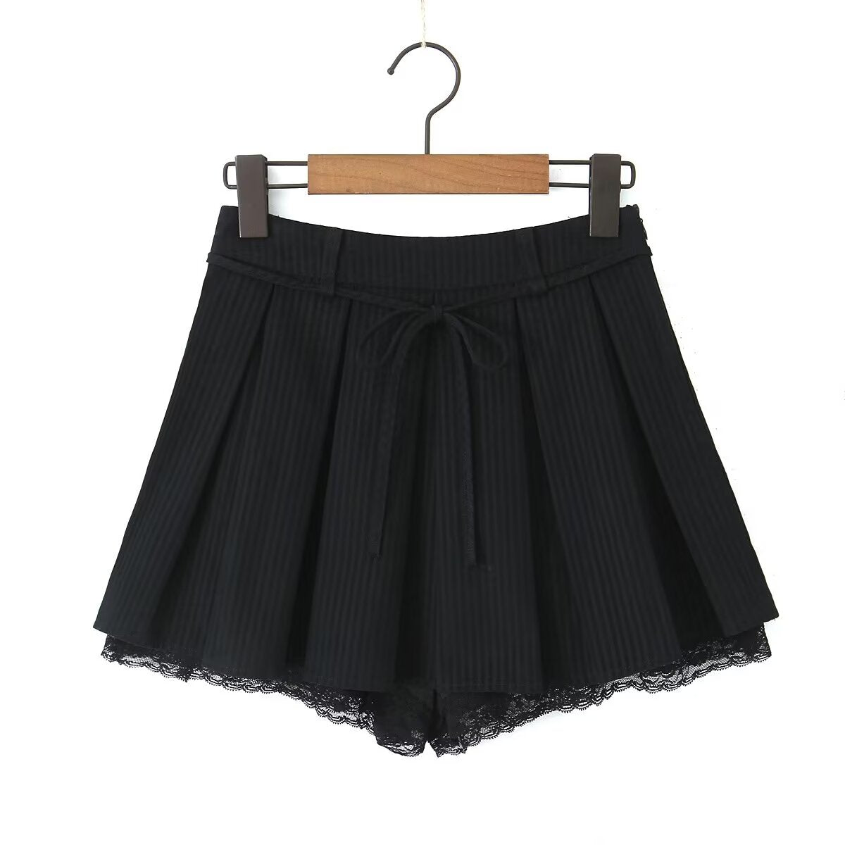 Bow Lace Patchwork Stripes Lace Skirt Women Spring Anti Exposure A line Pleated Short Skirt