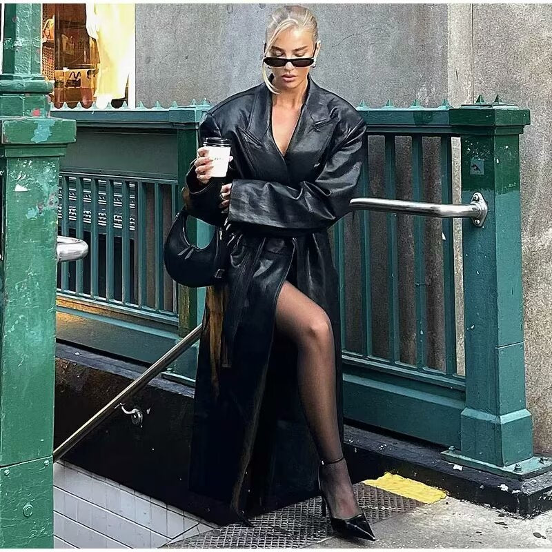 Women Clothing French Faux Leather Faux Leather Black Tie Loose Long Trench Coat