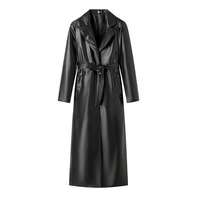 Women Clothing French Faux Leather Faux Leather Black Tie Loose Long Trench Coat