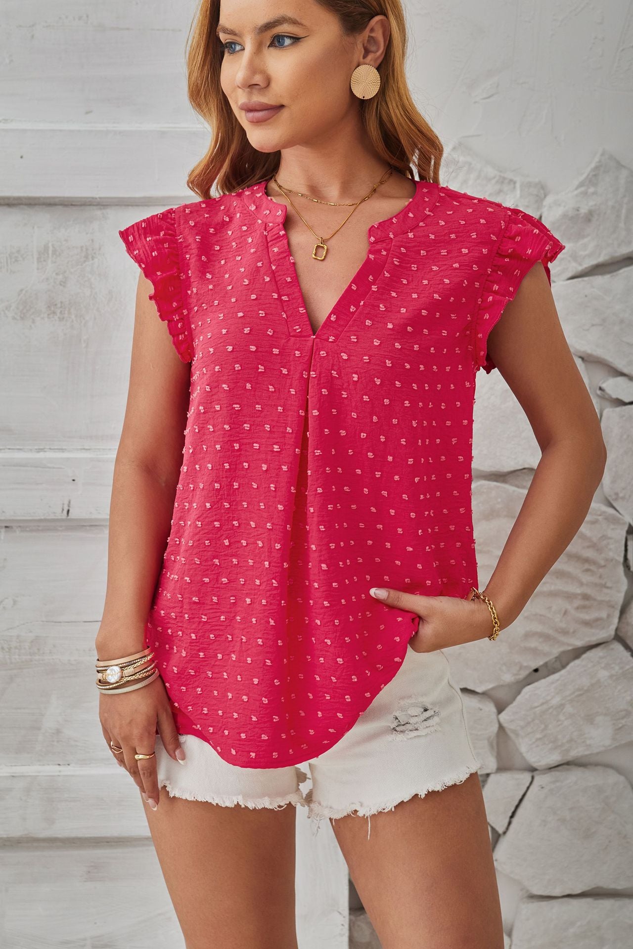 Ropa de mujer Primavera Verano Camisa informal tejida con cuello en V y mangas largas de Jacquard