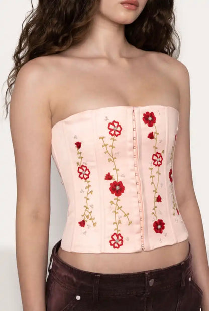 Women Clothing French Pink Embroidery plus Beaded Tube Top