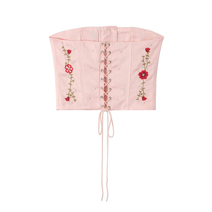 Women Clothing French Pink Embroidery plus Beaded Tube Top