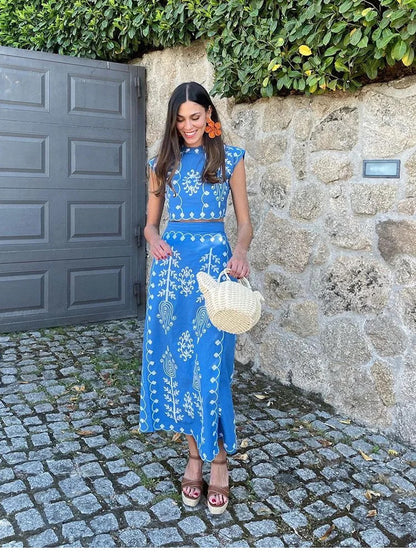 Vestido de dos piezas con estampado de vacaciones para mujer Primavera Verano