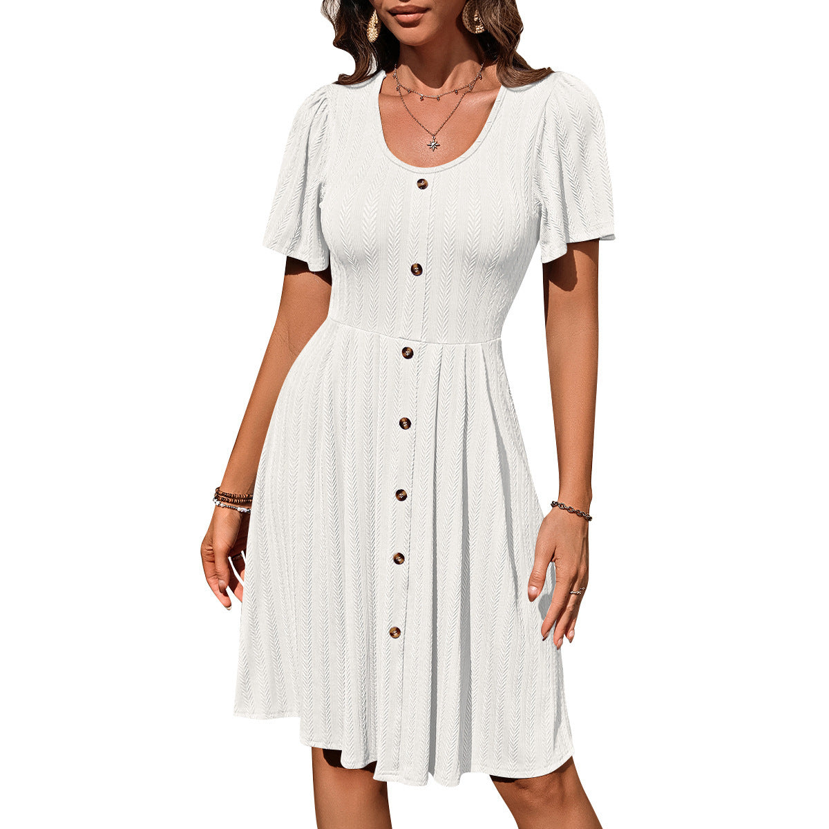 Women's Round Neck Button Stretch Casual Short Sleeve Dress