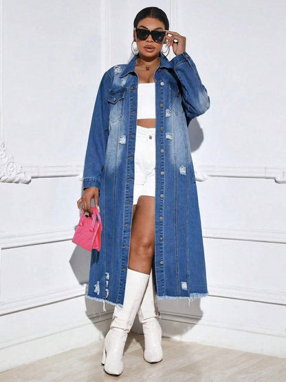 Women Wear Ripped Long Sleeves Denim Trench Coat Cardigan Denim Cloak