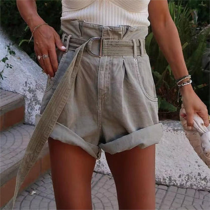 Women Clothing Autumn Winter Street All Match Belt Bud Waisted Shorts