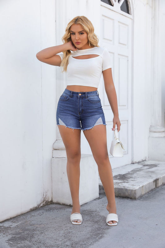 Short en jean femme bureau lavé à l'eau trou taille haute jean extensible