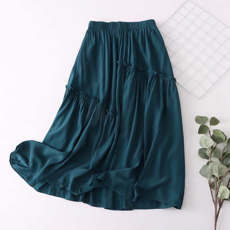 Summer Mid Length Skirt Women Cuprammonuium Skirt Elastic Waist Skirt