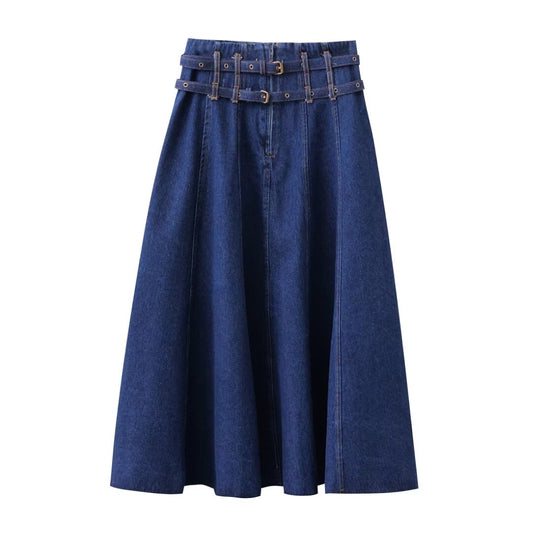 Double Belt Raw Edge Denim Skirt Women Spring High Waist Retro Slimming Large Hem A Line Midi Skirt