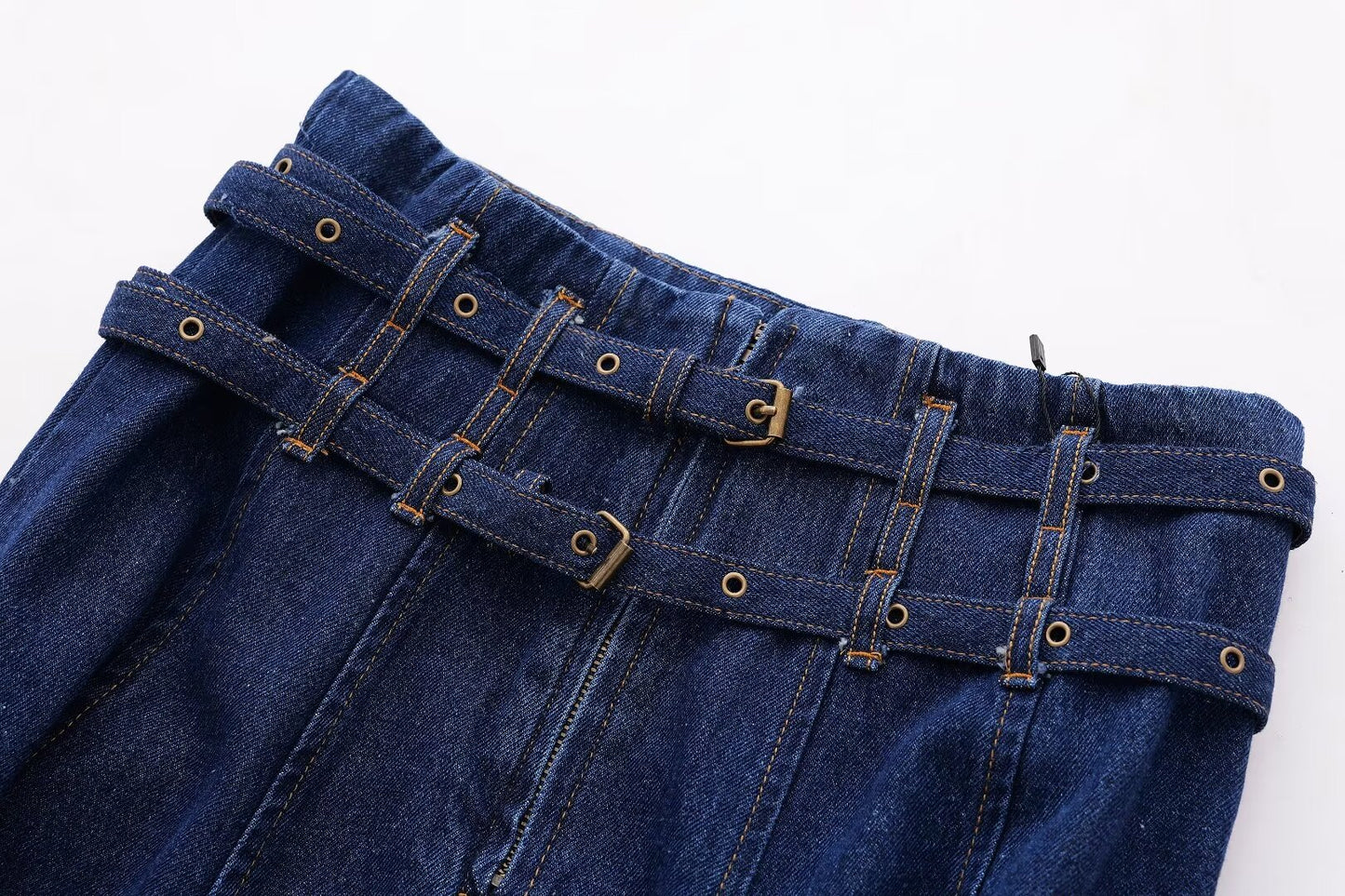 Jupe en jean à double ceinture et bords bruts pour femme, taille haute, style rétro, amincissante, ourlet large, ligne A, jupe mi-longue