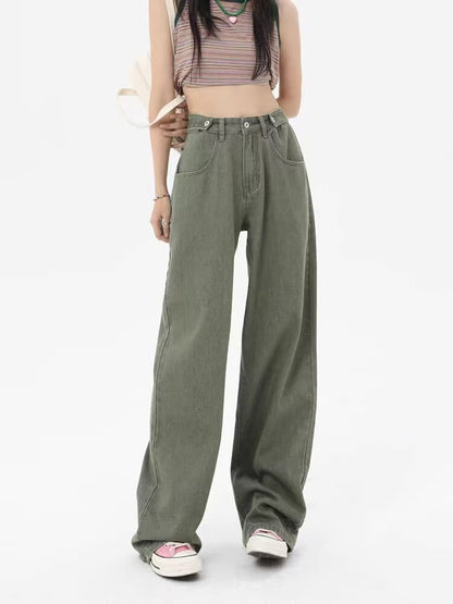 Autumn Winter Green Wide Leg Jeans Women Retro Brand Design Loose Trousers