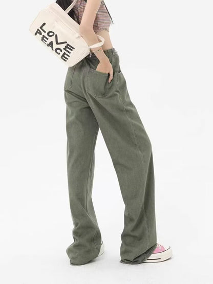 Autumn Winter Green Wide Leg Jeans Women Retro Brand Design Loose Trousers