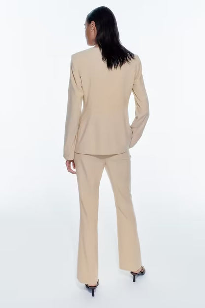 Women round Neck Blazer High Waist Flared Pants Suit