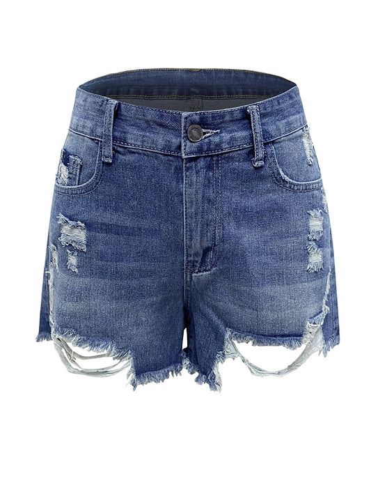 Short en denim confortable déchiré à pompons effilochés à la main pour femmes