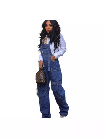 Women Sexy Washed Denim Loose Multi Pocket Suspenders Pants