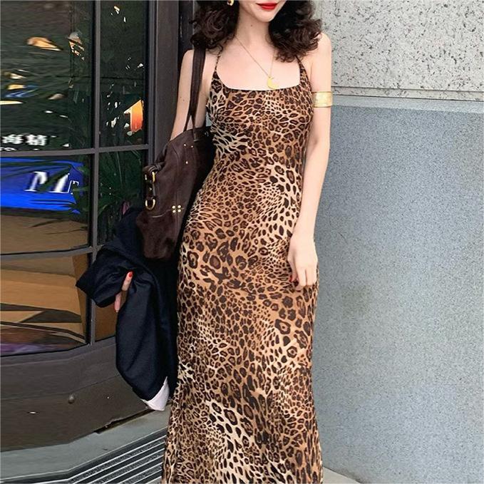 Ropa de mujer Vestido estampado de leopardo con cordones y espalda descubierta sexy estampado de verano