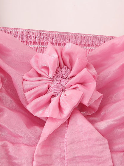 Minorité française rose manches bouffantes trois dimensions décorations florales haut court pur Sexy bustier tubulaire chemise été