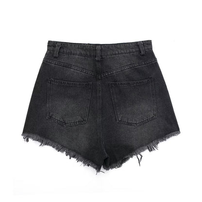 Vintage Washed Ripped Tassel Frayed Denim Shorts Summer High Waist A line Personalized Pants for Girls