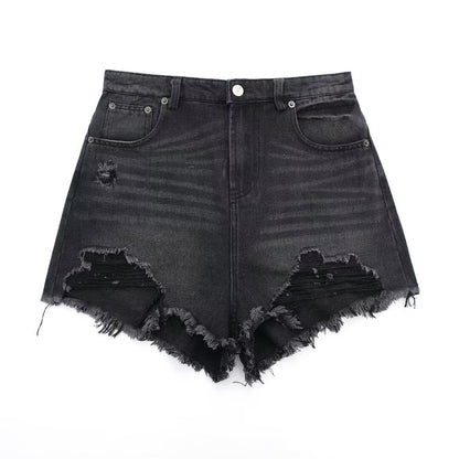 Vintage Washed Ripped Tassel Frayed Denim Shorts Summer High Waist A line Personalized Pants for Girls