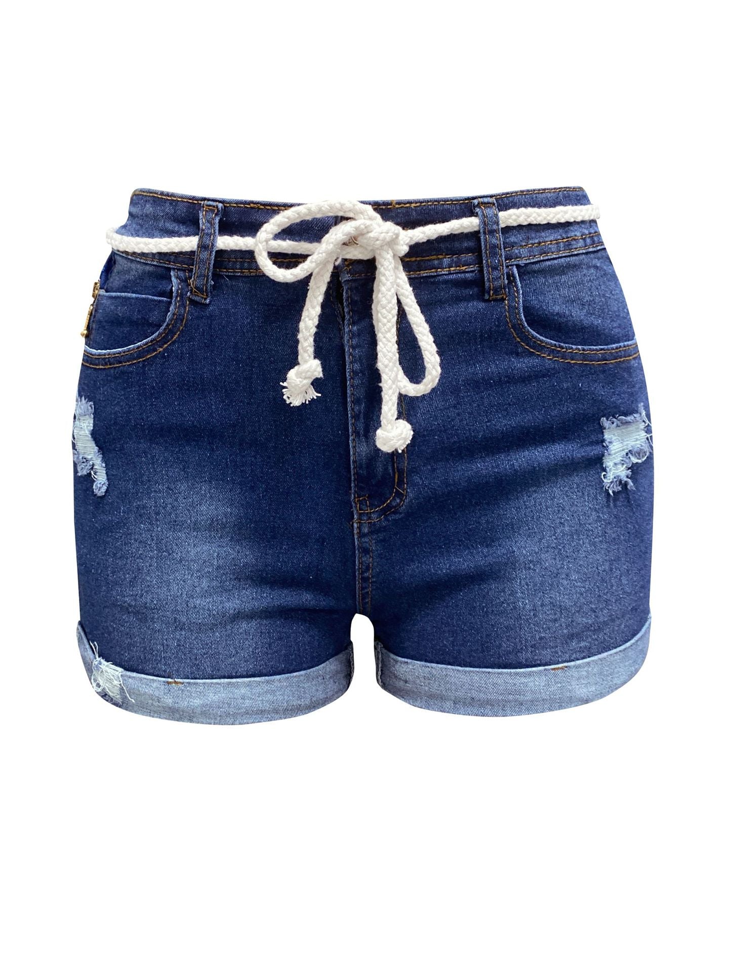 Été taille haute Curl Slim Fit minceur trous à lacets Denim Shorts femmes