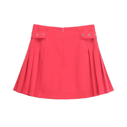 Women Buckle Decoration Wide Pleated Casual Mini Skirt