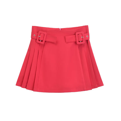 Women Buckle Decoration Wide Pleated Casual Mini Skirt