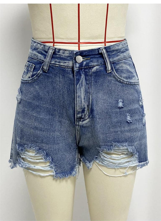 Été déchiré Sexy Denim Shorts femmes taille haute une ligne bavure pantalon