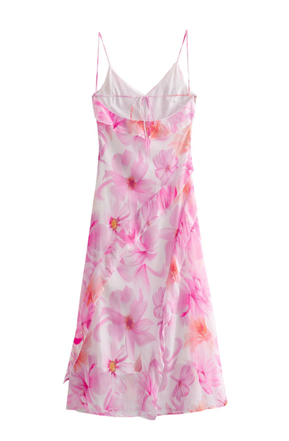 Women Ruffled Floral Print Strap Maxi Dress