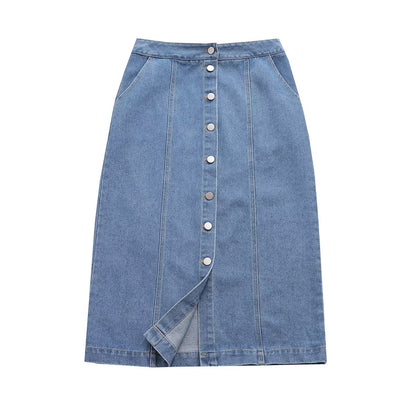 Blogger Single Breasted Denim Skirt Women's Spring High Waist Slimming Midi Skirt